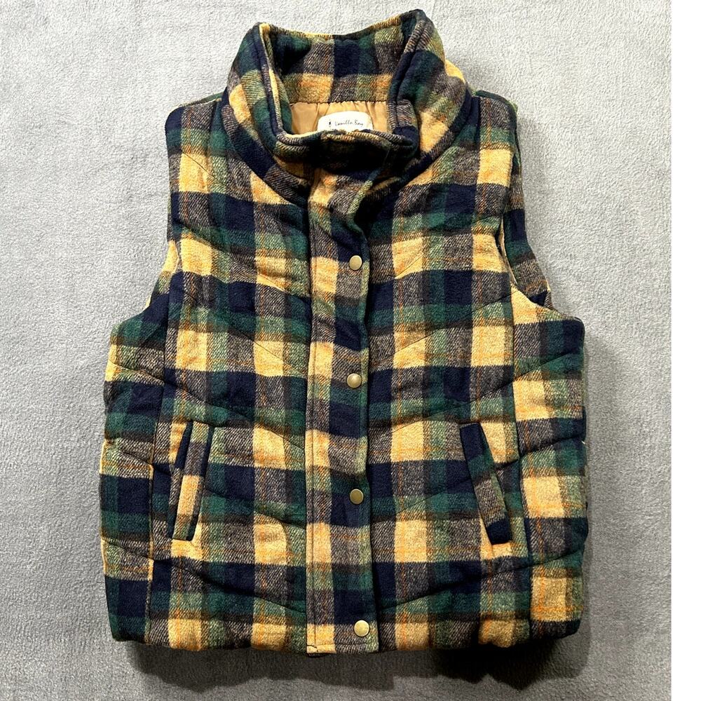 Vanilla Bay Women's Flannel Puffer Vest Size Medium Green Blue‎